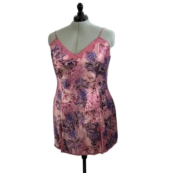 DELICATES Set Y2K Feminine Slip Lingerie Satin Feel Pink Sz XL Rose Print Lace - Picture 2 of 12